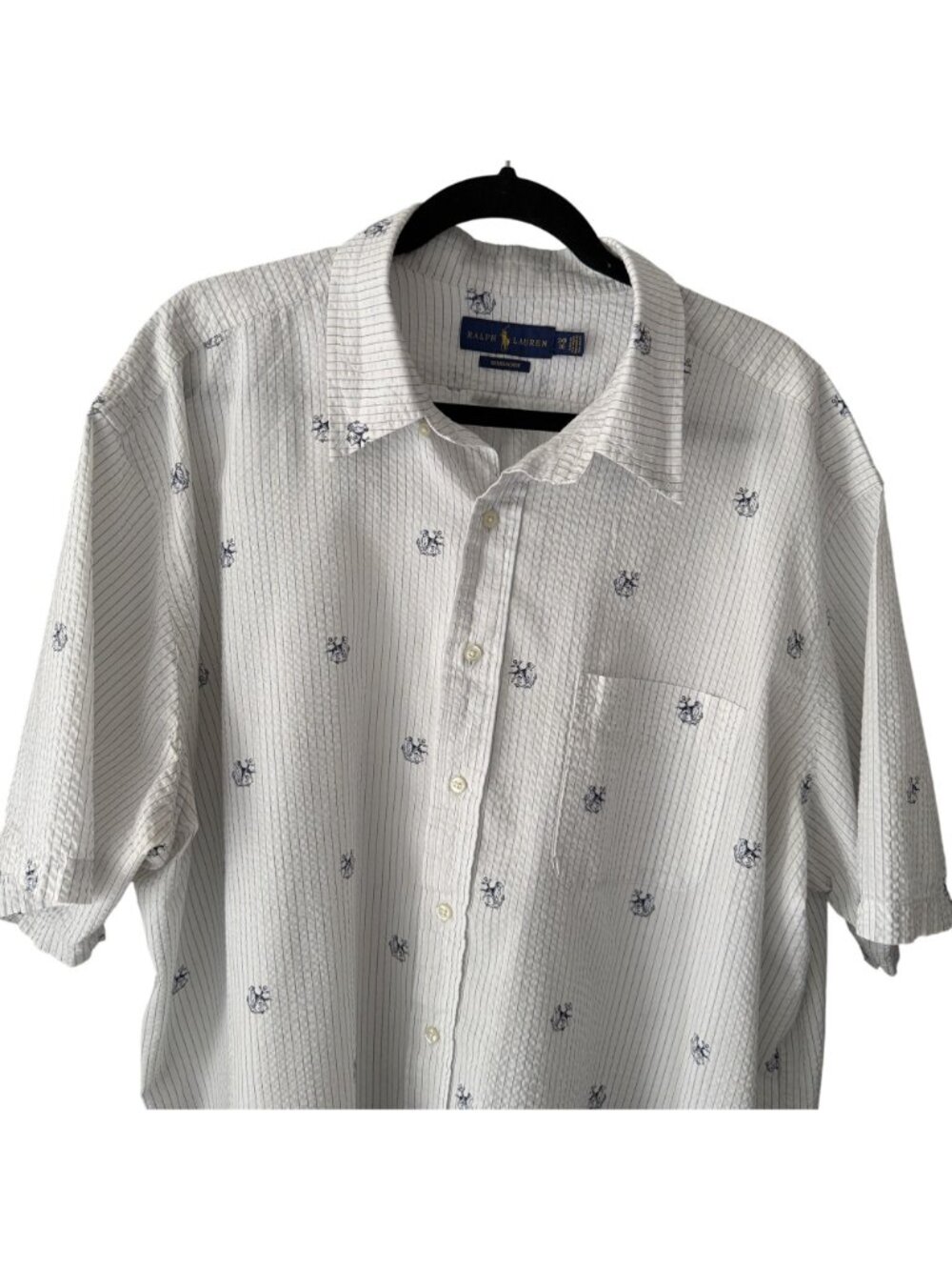 Ralph Lauren Mens 2XB Seersucker Short Sleeve Shirt White Navy Anchor Dog - Picture 3 of 6